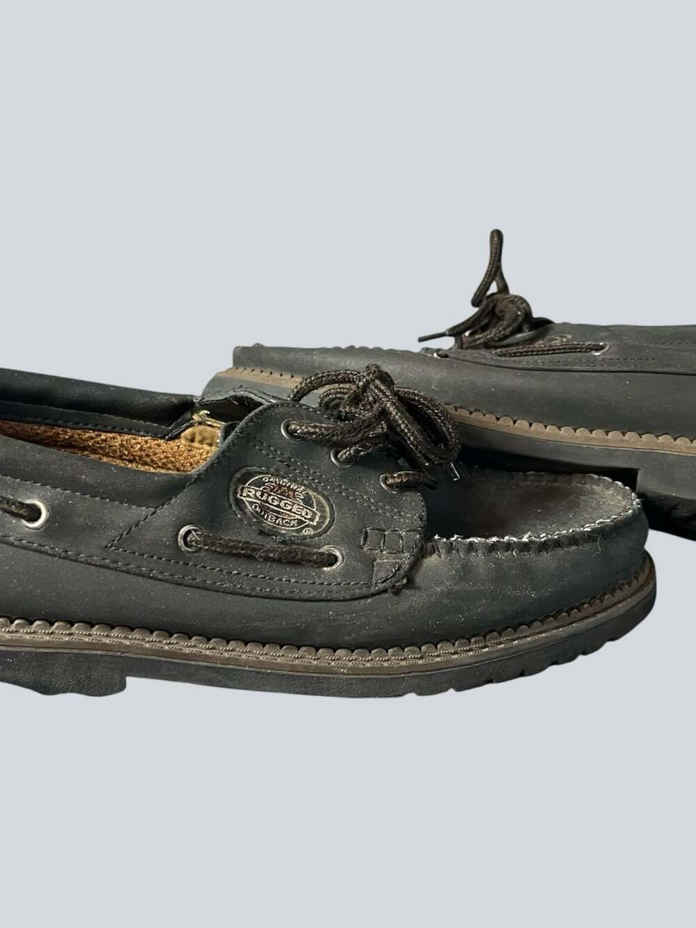 Original Rugged Outback Black Faux Leather Moc Toe Boat Shoes